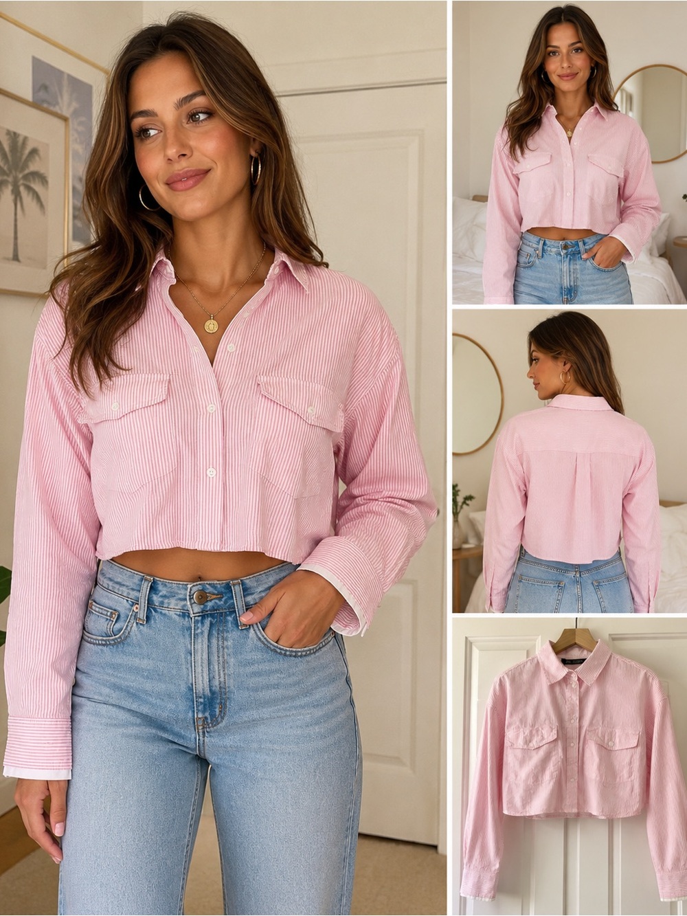 Zara Pink Striped Cropped Button Down Shirt Pocket Detail Top
Small